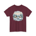 Maroon Winter Wonderland t-shirt with a watercolor snowy cabin scene, pine trees and a frozen creek, front view