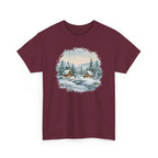 Maroon Winter Wonderland t-shirt with a watercolor snowy cabin scene, pine trees and a frozen creek, front view