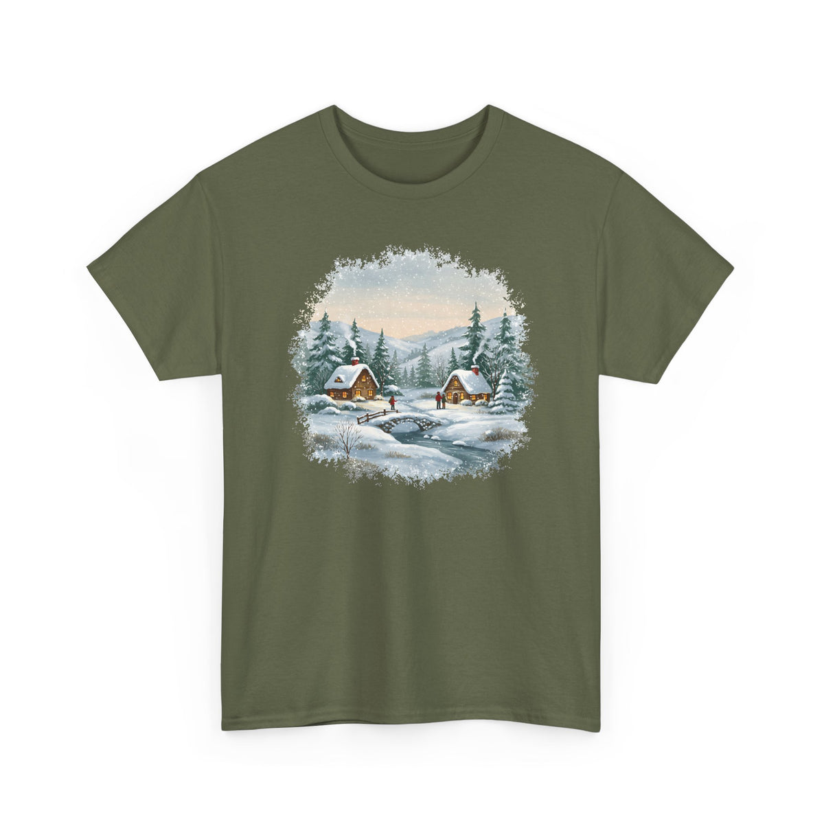 Military Green Winter Wonderland t-shirt with a watercolor snowy cabin scene, pine trees and a frozen creek, front view