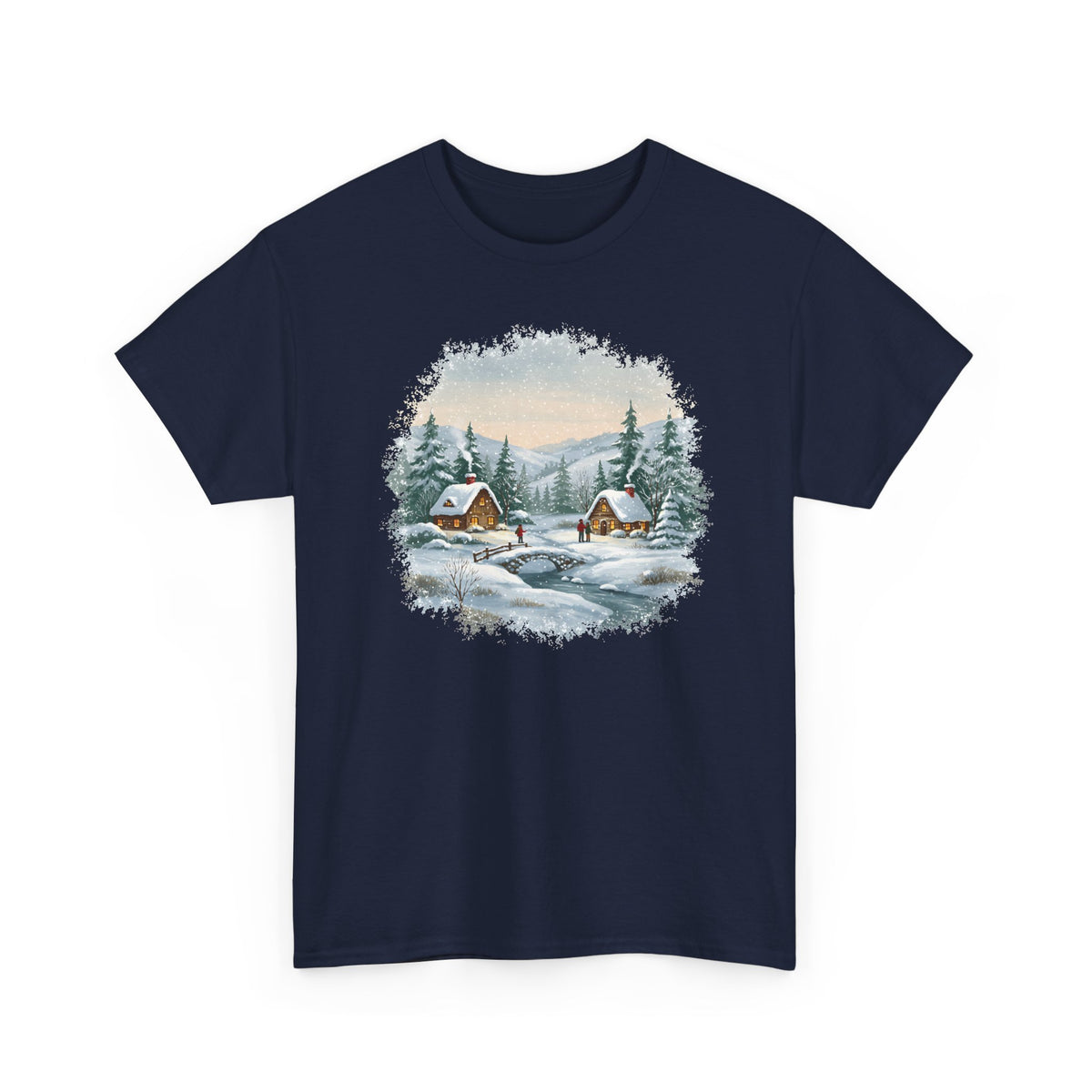 Navy Winter Wonderland t-shirt with a watercolor snowy cabin scene, pine trees and a frozen creek, front view