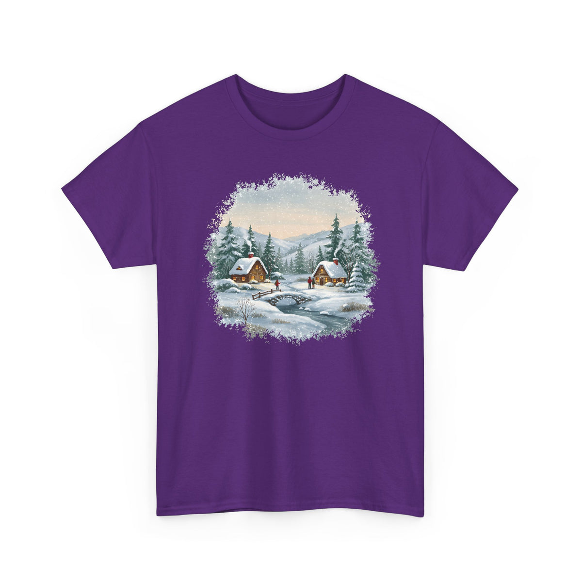 Purple Winter Wonderland t-shirt with a watercolor snowy cabin scene, pine trees and a frozen creek, front view
