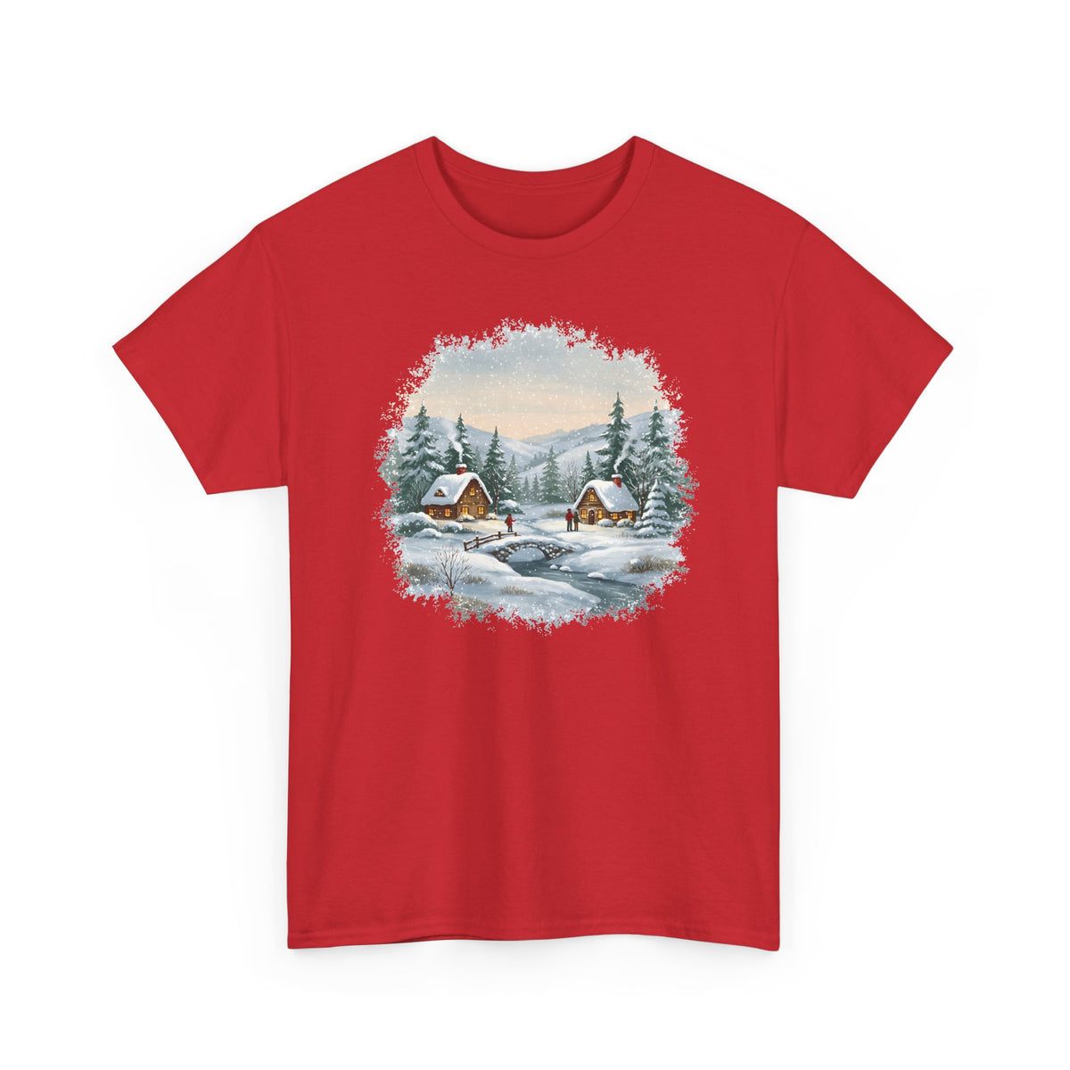 Red Winter Wonderland t-shirt with a watercolor snowy cabin scene, pine trees and a frozen creek, front view